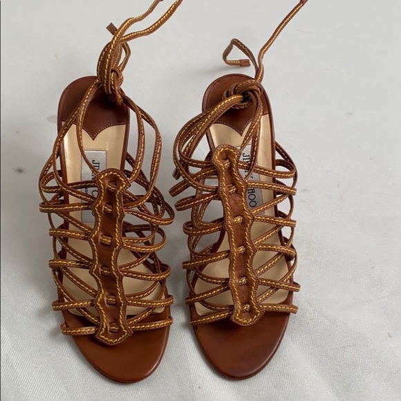 Jimmy Choo cognac tan brown strappy heeled sandals 37 - Picture 1 of 12